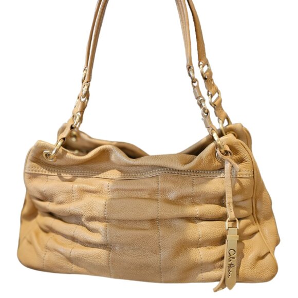 COLE HAAN Ruched Pebble leather top zip East West Shoulder Bag Beige w gold hw - Picture 1 of 13